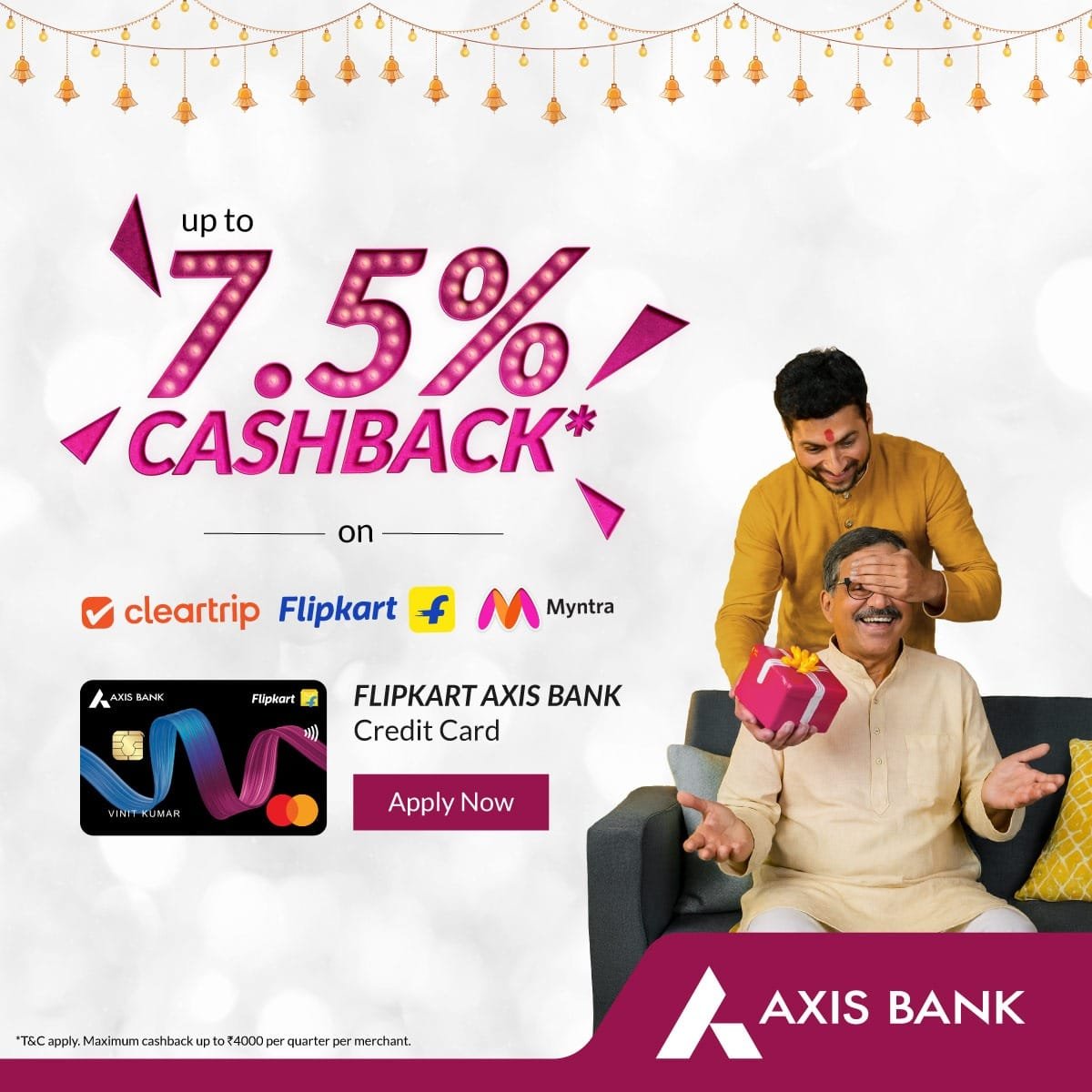 Flipkart Axis Bank credit card up to 7.5% cashback on Flipkart Myntra Cleartrip
