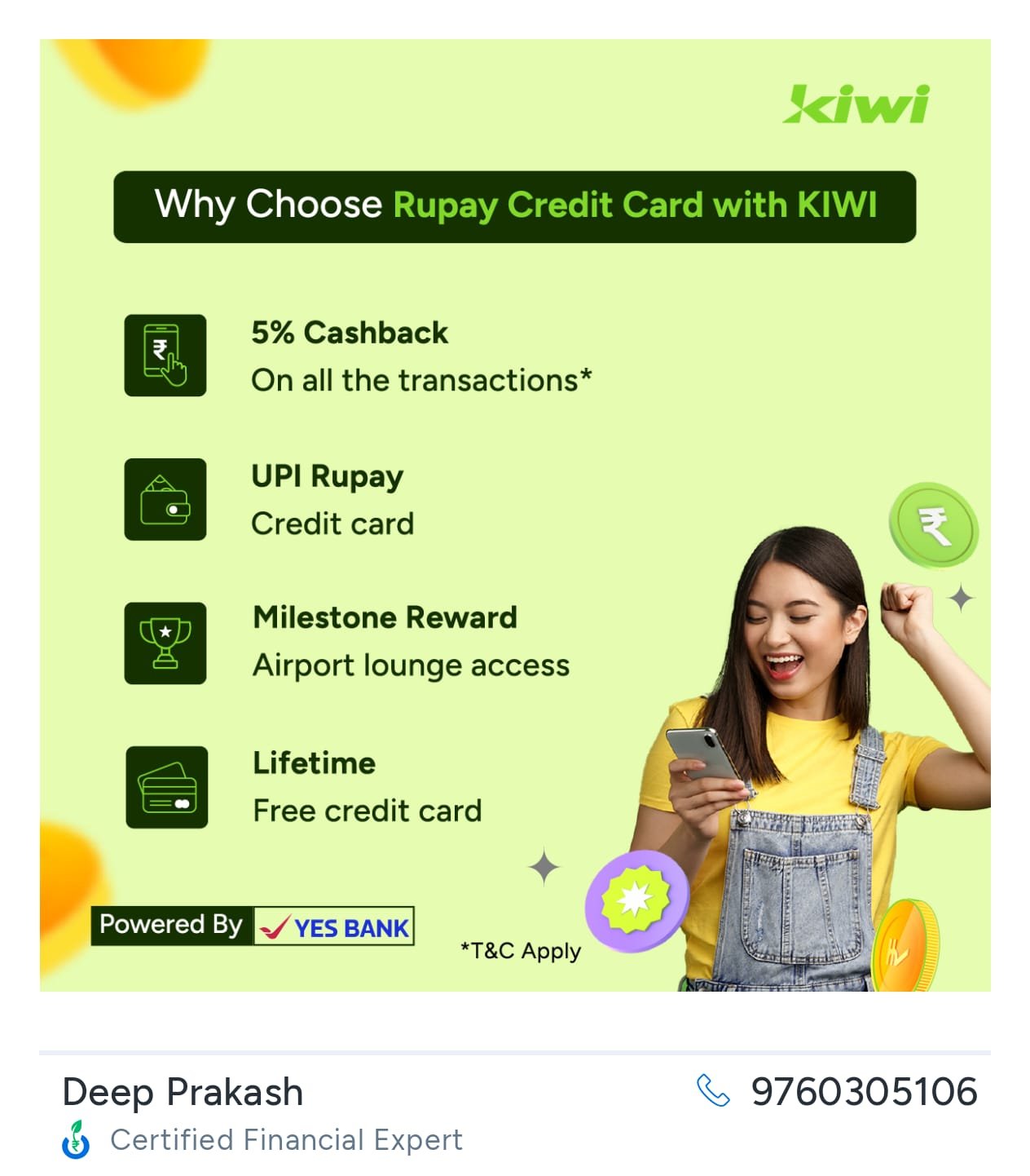KIWI RuPay credit card lifetime free UPI cashback